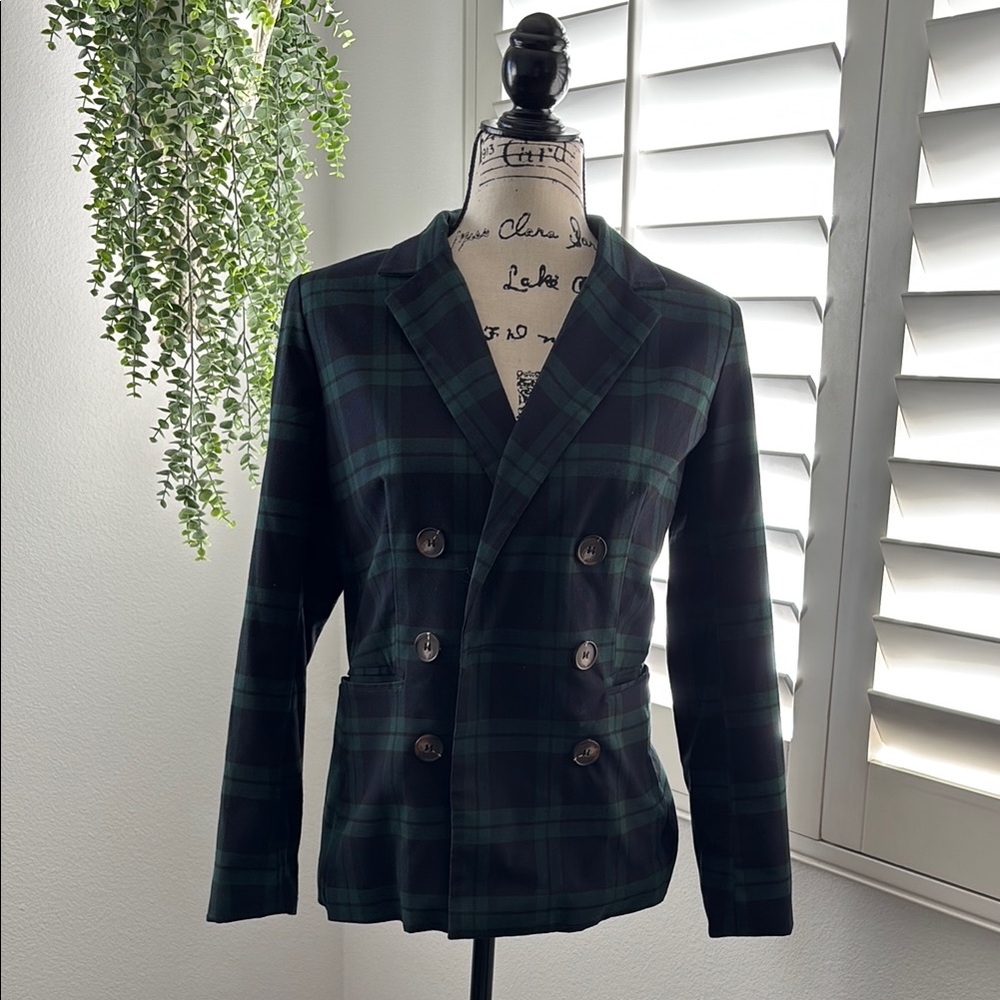 Green, Black and Blue Double-Breasted Blazer with Classic Lapel